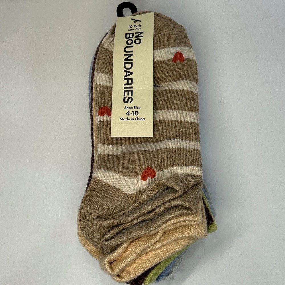 No Boundaries Womens Low Cut Socks 10 Pair Pack Hearts Stripes Multi Color 4-10